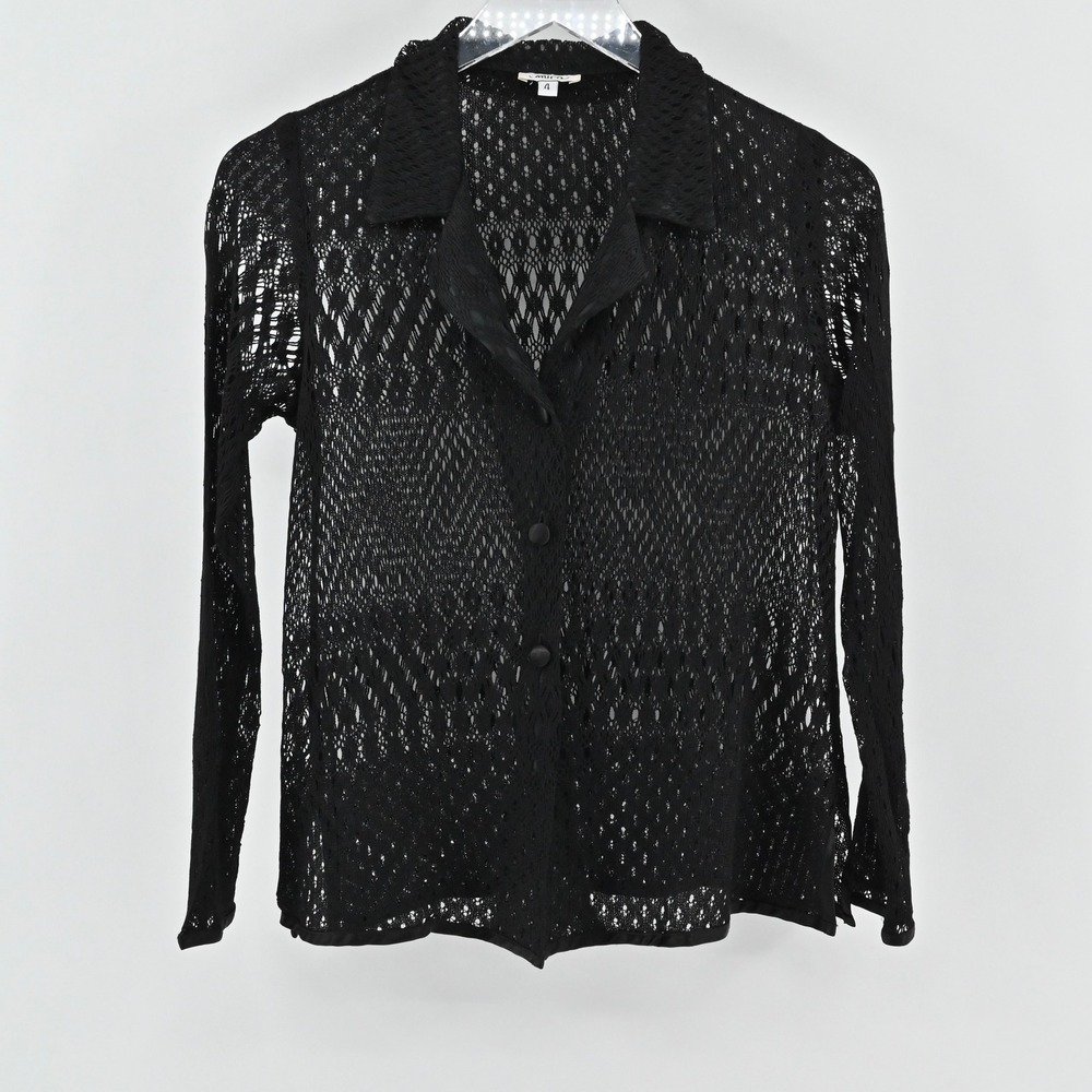 Vtg Y2k Mica Womens Black Knit Crochet Top Size 4 Sheer Mesh Button‎ Long Sleeve